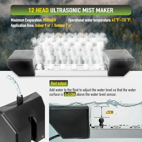 Ultrasonic Fogger Mist Maker 12 Head (9000ml/H) with 400W Waterproof Power Supply & Floats, Ultrasonic Humidifier Ideal for Pond, Vegetable Preservation, Landscape, Lawn, Halloween