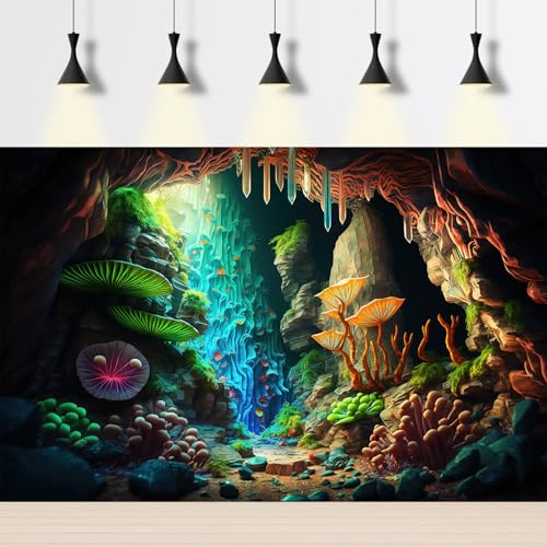 Jungle Cave Aquarium Background Cartoon Cave Landscape Fish Tank Background Abstract Bright Lights Luminous Mushrooms Tropical Plants Reptile Tank Enclosure Terrarium Backgrounds 24x16in - color: Green Purple, size: 24(W)x16(H)in