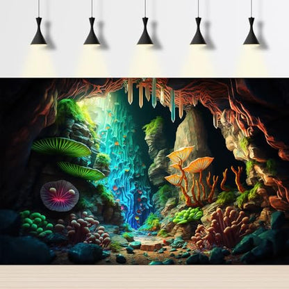 Jungle Cave Aquarium Background Cartoon Cave Landscape Fish Tank Background Abstract Bright Lights Luminous Mushrooms Tropical Plants Reptile Tank Enclosure Terrarium Backgrounds 36x20in - color: Green Purple, size: 36(W)x20(H)in