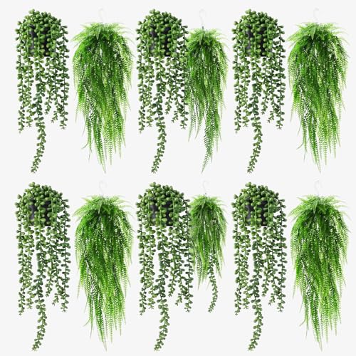 Daifunli 12 Pcs Artificial Hanging Plants Fake Hanging Ferns Plastic Fake Plant for Wall Room Garden Garland Indoor Outdoor Decor No Basket (Boston Ferns,String of Pearls) - style: Boston Ferns, String of Pearls
