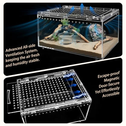 Reptile Terrarium Starter Kit, PC Habitat w/Magnetic Lid & Full Ventilation, Scorpion Habitat, Tarantula Enclosure, Spiders Cage, Insect Terrarium, Mantis & Small Frog Terrarium, 8"x6"x4" Assembled