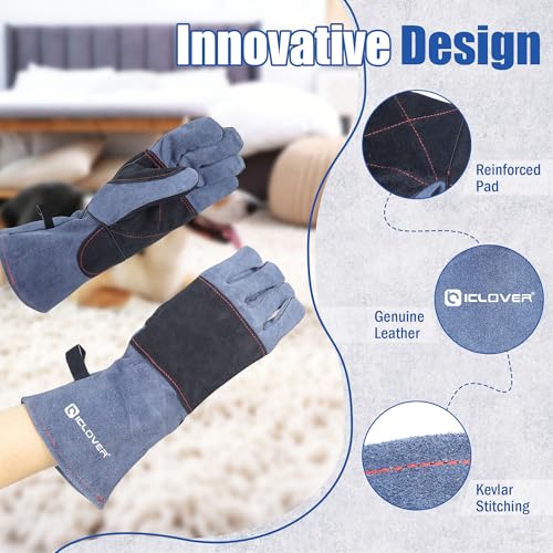 IC ICLOVER Animal Handling Gloves Snake Bite Proof, Double Leather Padding, Anti-bite Dog Cat Bird Reptile Control Protection - color: M -14inch
