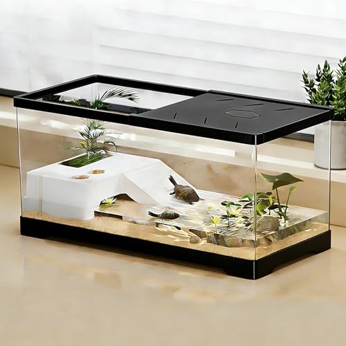 Turtle Fish Tank with Basking Platform and Bottom Drainage, 11.8" x 7" x 7.3" Aquatic Turtle Tank for Juvenile Turtle, Crayfish, Crabs, Amphibians, Reptiles, PC Material, Black Color - size: 11.8" x 7" x 7.3"