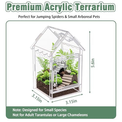 Acrylic Terrarium Kit for Jumping Spiders & Tarantulas - 3.15"x3.15"x5.6" Spider Enclosure with Magnetic Feeding Door & Secure Latch - Ideal Reptile Cage, Praying Mantis Habitat, Bug Terrarium