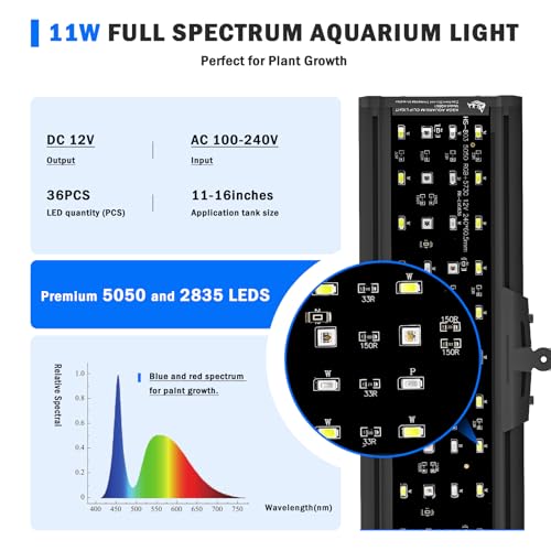 AQQA LED Aquarium Light, 24/7 Mode Clip on Fish Tank Light with Memory Function, DIY Mode Full Spectrum Aquarium Plant Light, Adjustable Timer/Brightness, IP68 Waterproof for 11-16 Inch Fish Tank 11W