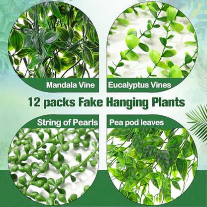 Daifunli 12 Pcs Artificial Hanging Plants Fake Hanging Ferns Plastic Faux Plants for Wall Room Garden Garland Indoor Outdoor Decor No Basket (Eucalyptus,Mandala,String of Pearls,Pea) - style: Eucalyptus, Mandala, String of Pearls, Pea