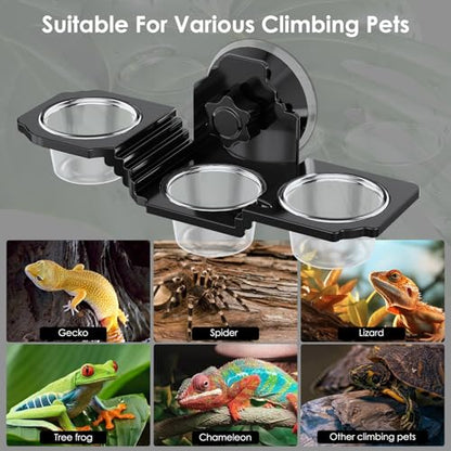 Crested Gecko Feeding Ledge with 6 PVC Cups -Strong Suction Reptile Food Dish for Leopard Geckos, Spiders,Lizard,Snail & Small Birds - Space-Saving Terrarium Habitat Feeder Easy to Clean