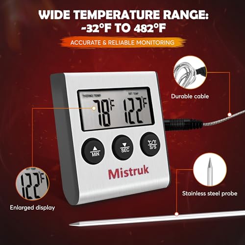 Digital Thermometer for Cooking with Stainless Steel Probe & Timer Alert – Accurate Temperature Control for Grill, Oven & BBQ – Digital Meat Thermometer Instant Read