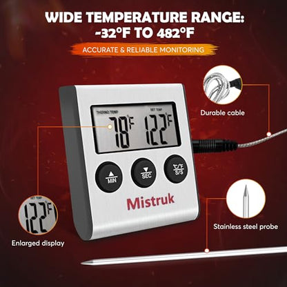 Digital Thermometer for Cooking with Stainless Steel Probe & Timer Alert – Accurate Temperature Control for Grill, Oven & BBQ – Digital Meat Thermometer Instant Read
