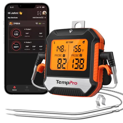 TempPro 450 ft Bluetooth Meat Thermometer with 2 Probes, Meat Thermometer Digital Wireless for BBQ Oven, Smoker Thermometer for Cooking Chicken Steaks Poultry (Previously ThermoPro) - color: Orange