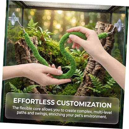 Reptile Climbing Rope Swing with Suction Cup Hook, Bendable and Flexible Artificial Vines for Terrarium Habitat Decor, Realistic Green Plush and Plastic Rope for Lizards and Snakes