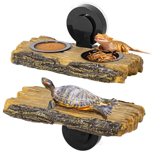 2 in 1 Reptile Feeding Ledge & Turtle Basking Platform, Resin Suction Cup Feeder with 4PCS Cups, Terrarium Water Bowl Food Dish - Tank Accessories for Crested Gecko Lizards & Aquatic Turtles