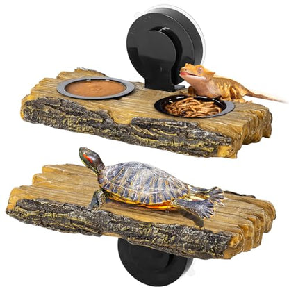 2 in 1 Reptile Feeding Ledge & Turtle Basking Platform, Resin Suction Cup Feeder with 4PCS Cups, Terrarium Water Bowl Food Dish - Tank Accessories for Crested Gecko Lizards & Aquatic Turtles