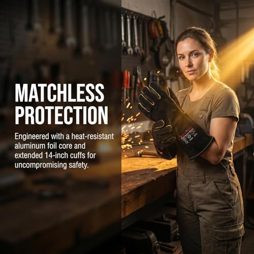 932℉ Heat Resistant Leather Welding Gloves for Men & Women – Long Sleeve Fireproof Gloves for TIG/MIG/Stick Welding, Blacksmithing, BBQ, Fireplace, Woodworking, Metalwork, Animal Handling -14 inch - size: Small