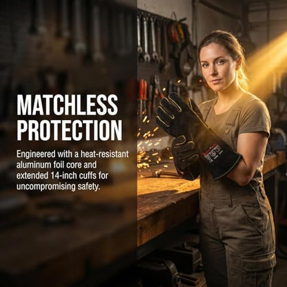 932℉ Heat Resistant Leather Welding Gloves for Men & Women – Long Sleeve Fireproof Gloves for TIG/MIG/Stick Welding, Blacksmithing, BBQ, Fireplace, Woodworking, Metalwork, Animal Handling -14 inch - size: Medium