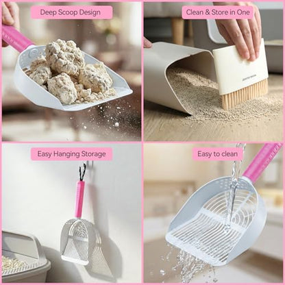 Cat Litter Scoop with Holder, 3 in 1 Metal Kitty Scooper, Heavy Duty Deep Litter Sifter with Dustpan & Mini Broom, Dual Coarse & Fine Grid, Quick Sift, Universal for All Cat Litter - color: Pink, size: Large