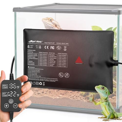 Reptile Heating Pad with Internal Sensor&Thermostat, 8" x 18" 24W Under Tank Heater Mat for 10-40 Gallon Tanks, IP67 Waterproof Safe Heat for Turtles, Bearded Dragons, Snakes, Lizards and Seedling - size: 18”x 8” (24W)