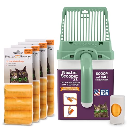 Neater Pet Brands Neater Scooper XL Cat Litter Scoop, 195 Refill Bags – Extra-Large Capacity Mess-Free Cat Litter Scooper with Bag for Large & Multiple Cats, Spill-Proof Litter Box Scooper with Holder - color: Green, size: XL - 195 Bags
