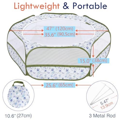 Pawaboo Small Animals Playpen, Waterproof Small Pet Cage Tent with Zippered Cover, Portable Outdoor Yard Fence with 3 Metal Rod for Chick/Kitten/Puppy/Guinea Pig/Rabbits/Hamster, Blue + White Flower - color: Blue + White Flower