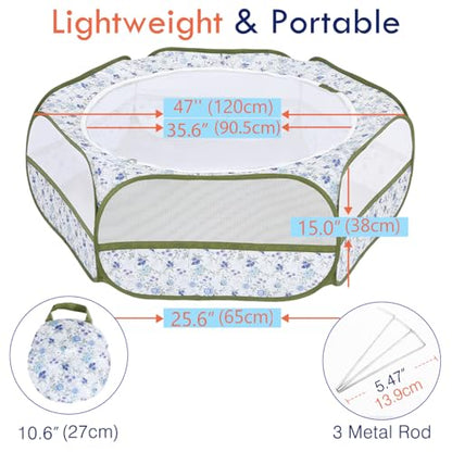 Pawaboo Small Animals Playpen, Waterproof Small Pet Cage Tent with Zippered Cover, Portable Outdoor Yard Fence with 3 Metal Rod for Chick/Kitten/Puppy/Guinea Pig/Rabbits/Hamster, Blue + White Flower - color: Blue + White Flower