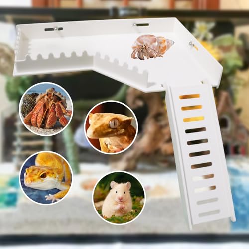 No-Drill Climbing Platform with Ramp, Hermit Crab Climbing Wall & Hideout, Multi-Level Platform with Ladder, No-Tools Mounting for Geckos, Small Lizards, Hamsters - color: White
