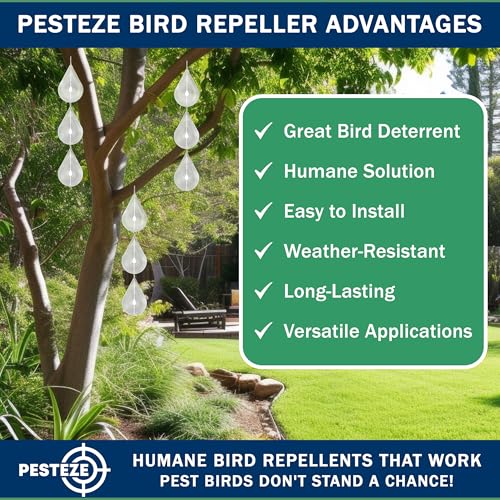 PESTEZE USA Premium Bird Deterrent Wind Spinner Set – 3-Piece Stainless Steel Reflective Water Droplet Design to Deter Birds & Prevent Nesting Around Porch, Garden & Outdoor Areas [2.6 × 15.5 in]