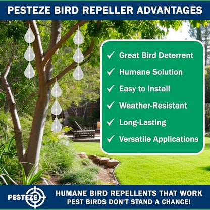 PESTEZE USA Premium Bird Deterrent Wind Spinner Set – 3-Piece Stainless Steel Reflective Water Droplet Design to Deter Birds & Prevent Nesting Around Porch, Garden & Outdoor Areas [2.6 × 15.5 in]