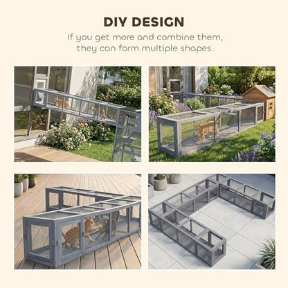 PawHut Outdoor Cat Tunnel with Extendable Design, 79" L Wooden Cat Run with Weather Protection, Connecting Inside and Outside, for Deck Patios, Balconies, Dark Gray