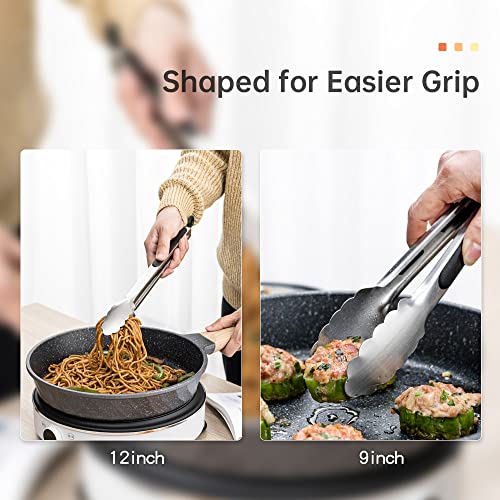 9 & 12 Inch Kitchen Tongs, Stainless Steel Metal Tongs Cooking Tongs, for Cooking Barbecue, BBQ Grilling, Buffet Serving (9"+12") | For Cooking/Serving/Grilling | Heat-Resistant | Dishwasher Safe - size: 9"+12"