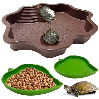 La La Pet®Set of 3 Tortoise Water Dish with Ramp Tortoise Food Dish Water Bowl Reptile Bathing Pool Feeding Dish Aquarium Ornament for Gecko/Snake/Bearded Dragon/Lizard