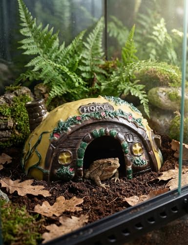 Resin Toad House Reptile Hideout Cave for Frogs Snakes | yellow brown half ellipsoid rock, durable habitat decor for garden indoor pet tanks, easy to clean open bottom shell