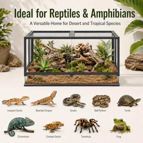 Erinnyees 50 Gallon Reptile Terrarium, Tempered Glass Reptile Enclosure with Raised Waterproof Base, Front Opening Doors, Top Screen Ventilation, Cable Outlet for Snake, Lizard, Gecko, Frog, Turtle - size: 50 Gallon