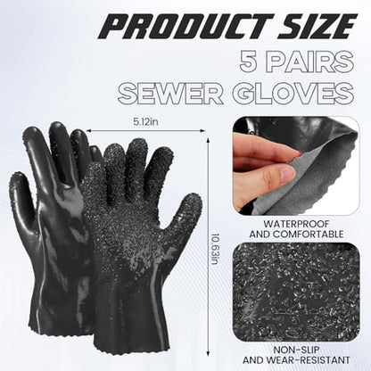 5 Pairs Sewer Snake Glove PVC Non Slip Sewer Gloves Drain Cleaning Glove Plumbing Tools for Professional Plumber - color: Black