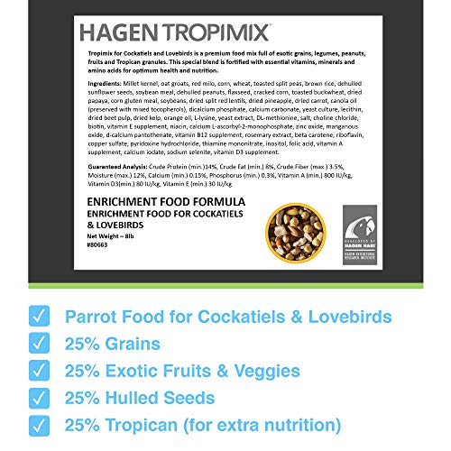 Hari Tropimix Bird Food for Cockatiels and Lovebirds, Hagen Parrot Food with Seeds, Fruit, Vegetables, Vitamins & Amino Acids, 8 Pound (Pack of 1) - size: 8 Pound (Pack of 1)