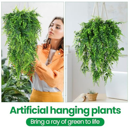 XunYee 28 Pcs Artificial Hanging Plants 32 Inch Plastic Fern Vine Fake Greenery Plant Faux Eucalyptus Vine for Wall Room Wedding Indoor Outdoor Decor, No Baskets (Boston Fern) - style: Boston Fern