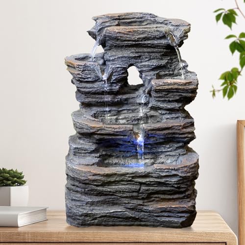 Ferrisland 5-Tier Cascading Tabletop Fountain with LED Lights - Indoor Water Fountain Decor Tabletop Small Relaxation Waterfall Feature Dark Gray - color: Dark Gray