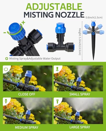 HIRALIY 118FT Drip Irrigation Kit with Water Timer, Quick-Connect Garden Watering System with 30 Adjustable Misting Nozzles, 1/4 in Tubing for Greenhouse, Raised Beds & Hanging Plants - size: 118 feet