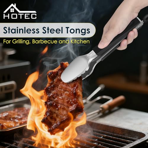 Hotec Stainless Steel Kitchen Tongs, Set of 2-9" and 12", Locking Metal Food Tongs for Cooking, Serving, BBQ, Grill Non-Slip Grip - size: Toothed head: 9,12 inch