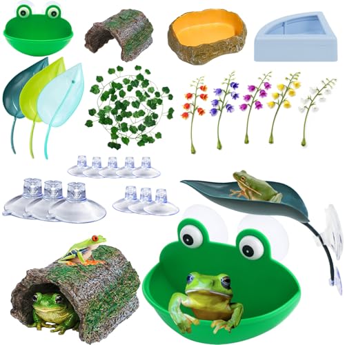 13Pcs Frogs Tank Accessories Set - Tree Frog Habitat Kit - Toad Terrarium Accessories with Hideout, Water Dish, Feeding Dish & Decorative Plants | Frog Tank Accessories for Tree Frog Terrarium