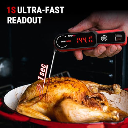 TempPro Lightning 1-Sec Instant Read Meat Thermometer, Kitchen Food Thermometer with 180° Rotating Display, IP67 Waterproof Cooking Thermometer for Deep Fry Smoker BBQ Grill (Previously ThermoPro) - color: Red