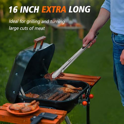 Hotec Stainless Steel Kitchen Tongs, 16 Inch Extra Long Locking Metal Food Tongs for Cooking, Serving, BBQ, Grill Non-Slip Grip - size: 16inch