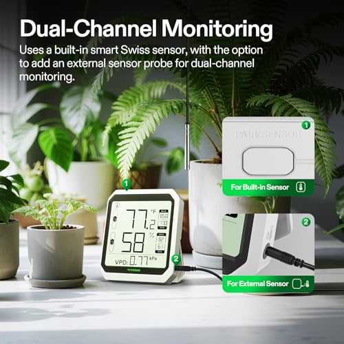 VIVOSUN AeroLab THB1S Wireless Bluetooth Hygrometer Thermometer Indoor, VPD, Digital Temp Humidity Meter, LCD Smart App Control & Alert, Data Storage, Dual Channels with Sensor Probe, Battery Included - style: Thermometer with External Probe