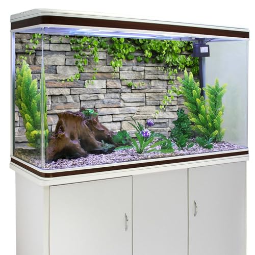AWERT Vinyl 60x24 inches Stone Brick Wall Aquarium Background Rock Fish Tank Background Spring Leaves Terrarium Background - size: 60x24in/150x60cm