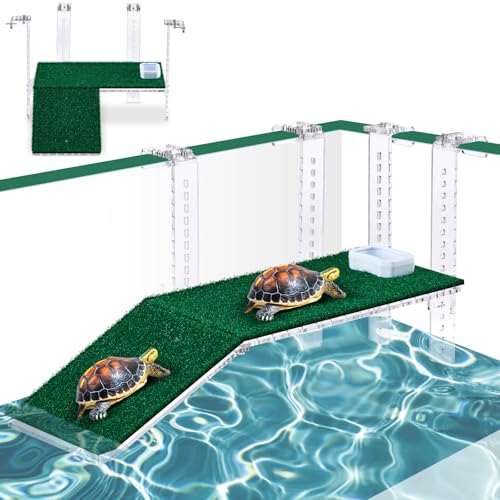 Reallnaive Adjustable Large Hanging Turtle Basking Platform Non-Slip Turtle Tank Accessories Simulation Grass Aquatic Reptile Ramp Dock for Turtles Salamanders Frogs Resting(15 x 8.1 Inch) - size: 15 x 8.1 Inch