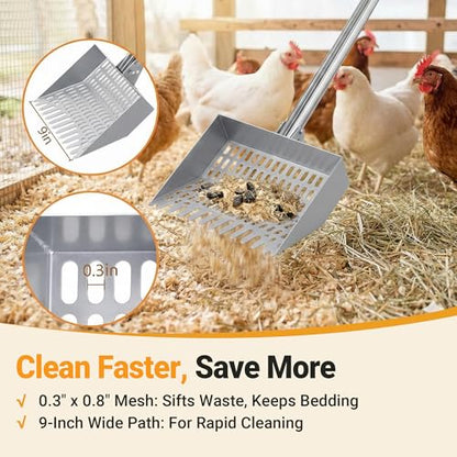 Chicken Poop Scooper Spring Steel Sifting Shovel with 3 Adjustable Angle, 38-66in Extendable Stainless Steel Handle, Professional Poultry Litter Cleaner for Chicken Coop, Duck, Goat & Sand - size: 9" W x 2.5" D