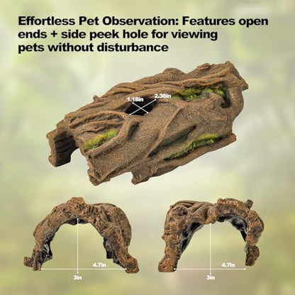Lizard Snake or Reptile Hide, Large Reptile Hideout Hollow Tree Trunk Ornament Bearded Dragon or Gecko Tank Accessories Terrarium Decor with Peek-Through Hole
