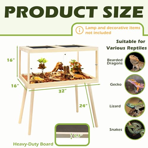 PROLEE Bearded Dragon Tank with Leg Stand 34 Gallons, Wooden Lizard Tank,Reptile Tank with Metal Mesh Roof Door, Acrylic Panel Snake Tank with Lock Design (Oak, 32"x16"x16") - color: Oak, size: 32"x16"x16"