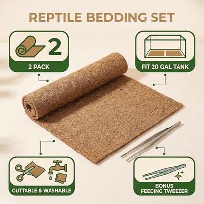 Reptile Carpet 30"x12" 2 PCS Coconut Fiber Mat for 20 Gallon Reptile Tank,Tortoise Habitat Bedding Liner for Snake,Turtle,Lizard,Bearded Dragon,Gecko Cage Accessories