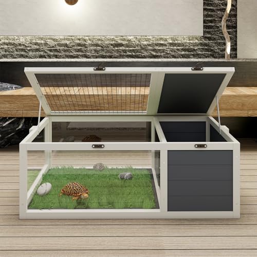 39.5＂Wood Tortoise House Indoor Turtle Habitat Reptile Cage for Small Animals Lizards, Geckos, with 2 Removable Waterproof Tray
