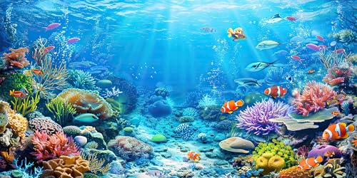 Underwater World Aquarium Background, Seaworld Ocean Floor Tropical Fish Coral Reef Aquatic Nature Plant Fish Tank Backdrop Decor, Polyester Fabric with 6 EVA Double-Sided Tapes 36x18 inches/90x45cm - color: Blue-1, size: 36"L x 18"W